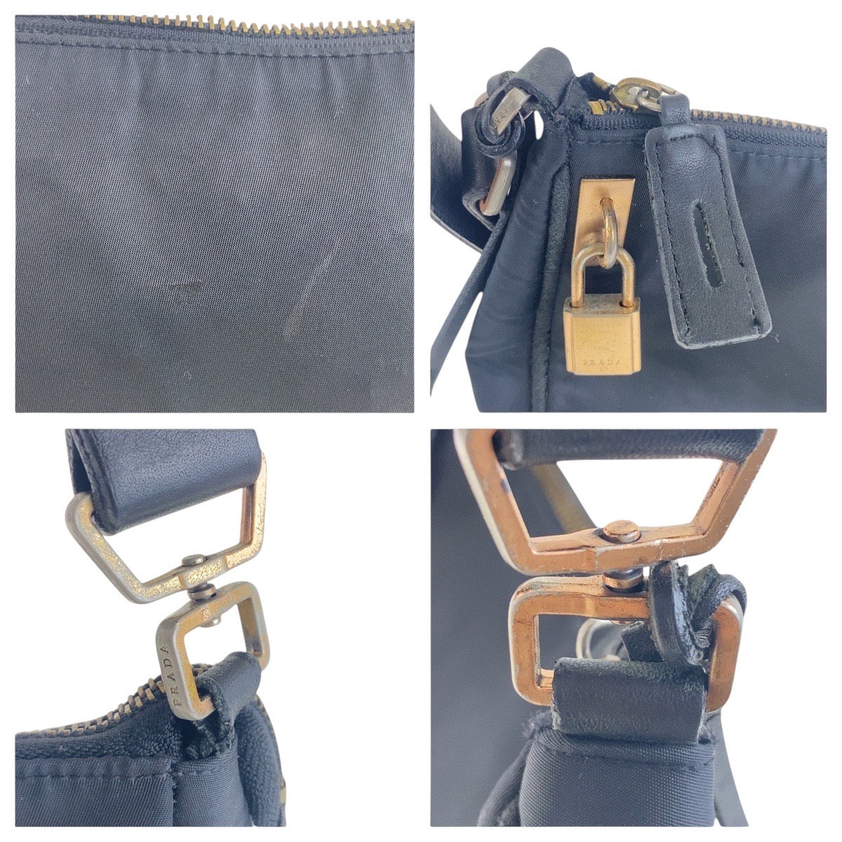 PRADA Shoulder Bag Nylon, Leather Black GoldMetal Test Triangle With logo Women Used Authentic