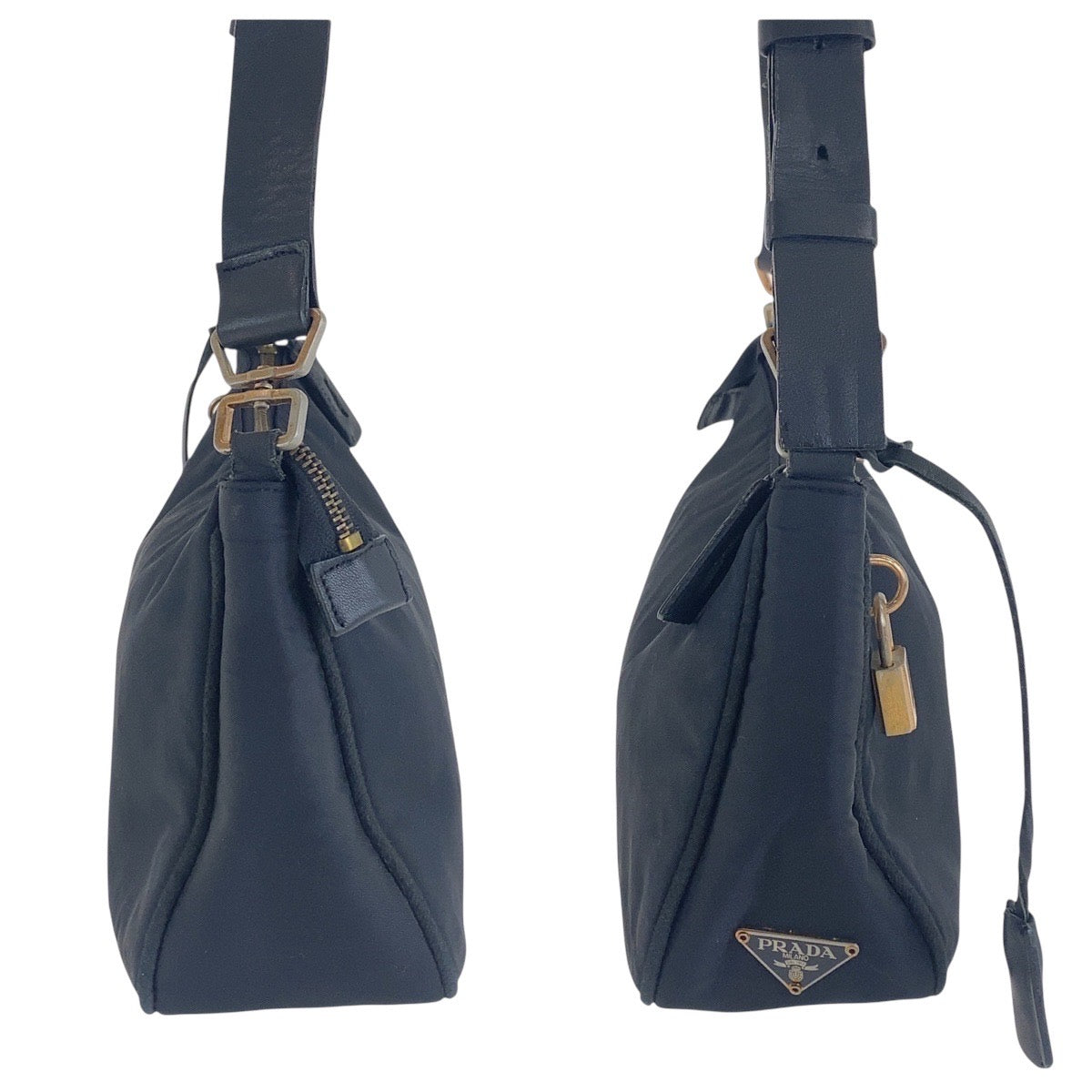 PRADA Shoulder Bag Nylon, Leather Black GoldMetal Test Triangle With logo Women Used Authentic