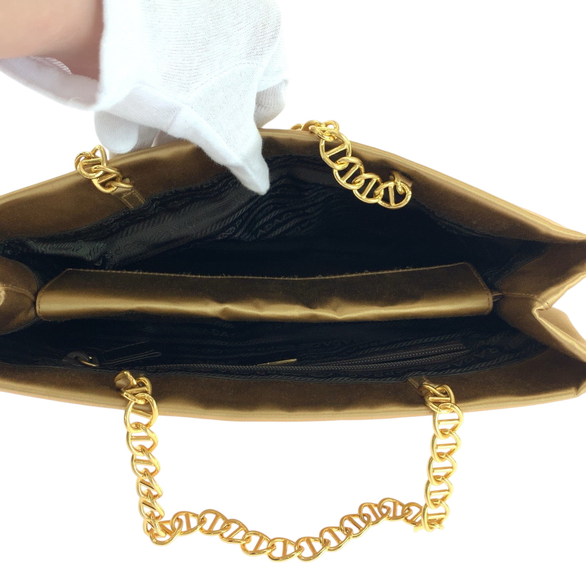 PRADA Tote Bag Satin Gold Metal chain tote bag Women Used Authentic