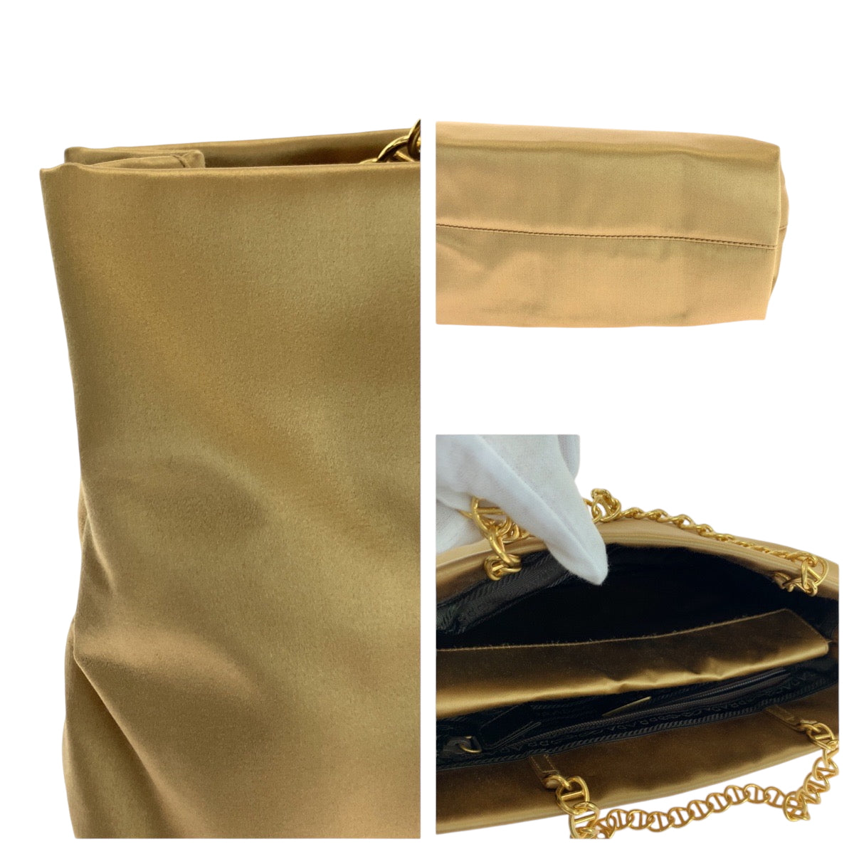 PRADA Tote Bag Satin Gold Metal chain tote bag Women Used Authentic
