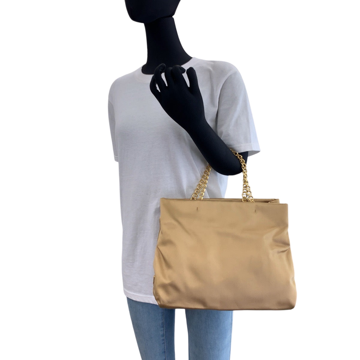 PRADA Tote Bag Satin Gold Metal chain tote bag Women Used Authentic