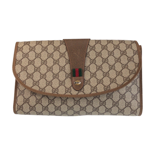 GUCCI Clutch bag 89 01 031 GG Supreme canvas, leather Beige Brown Gold Metal Clutch bag Sherry Line Old Gucci Women Used Authentic