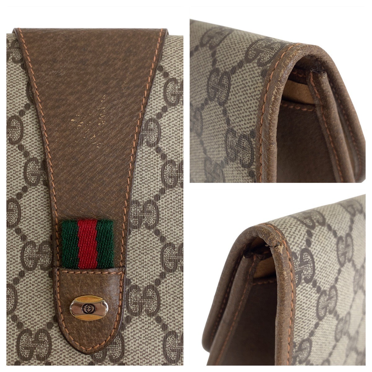 GUCCI Clutch bag 89 01 031 GG Supreme canvas, leather Beige Brown Gold Metal Clutch bag Sherry Line Old Gucci Women Used Authentic