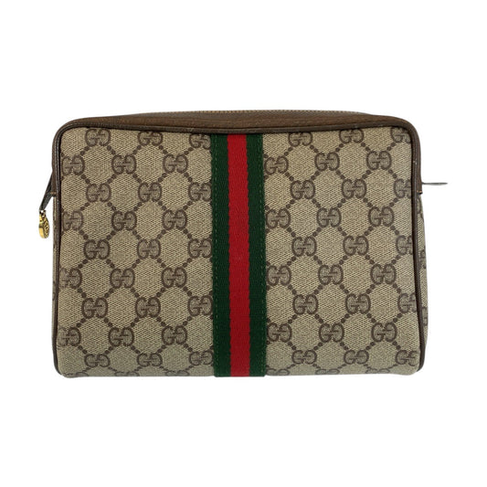 GUCCI Clutch bag 32 014 3553 GG Supreme canvas, leather Beige Brown Gold Metal Sherry Line Old Gucci Women Used Authentic