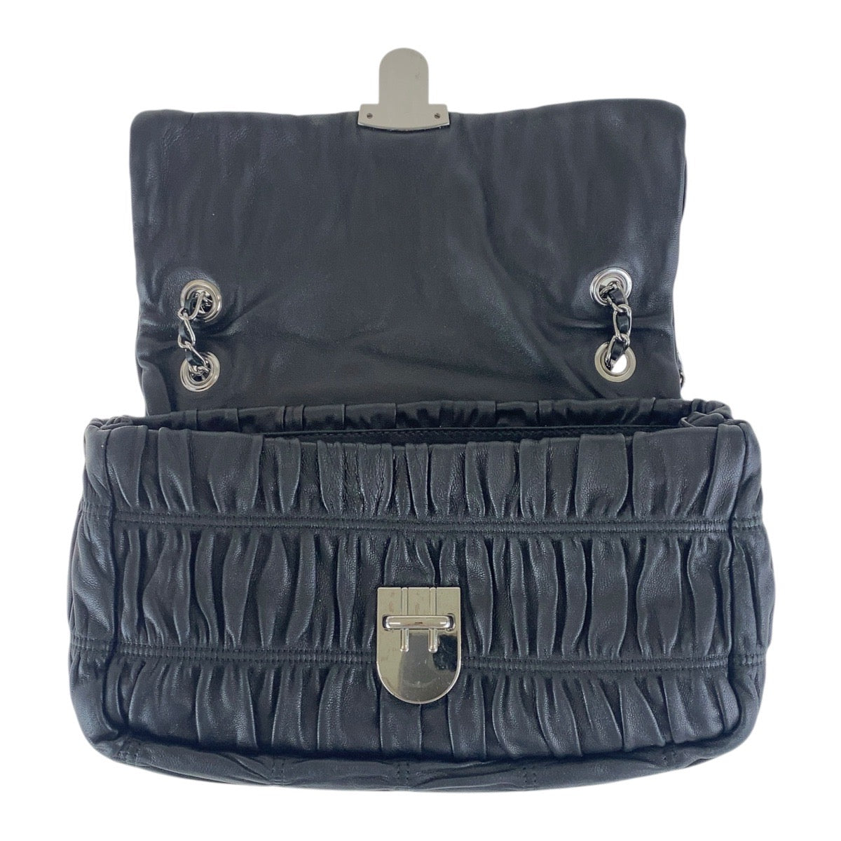 PRADA Shoulder Bag leather Black SilverMetal Crossbody Chain Shoulder Bag Gathered Women Used Authentic