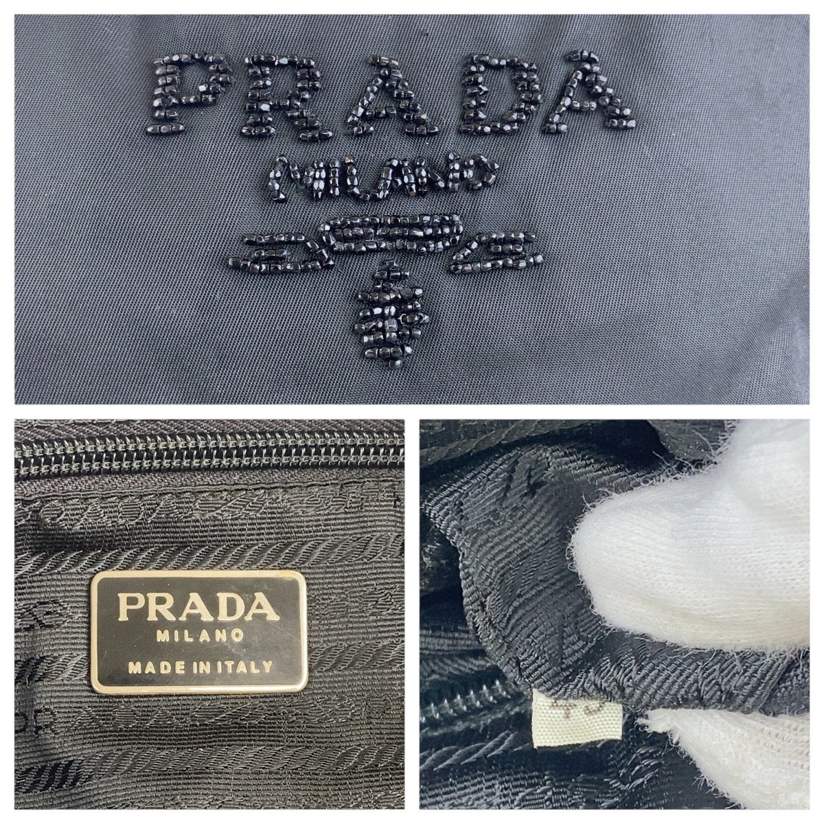 PRADA Handbag Nylon, Beads Black SilverMetal Handbag Tote Bag Test Tassel Women Used Authentic