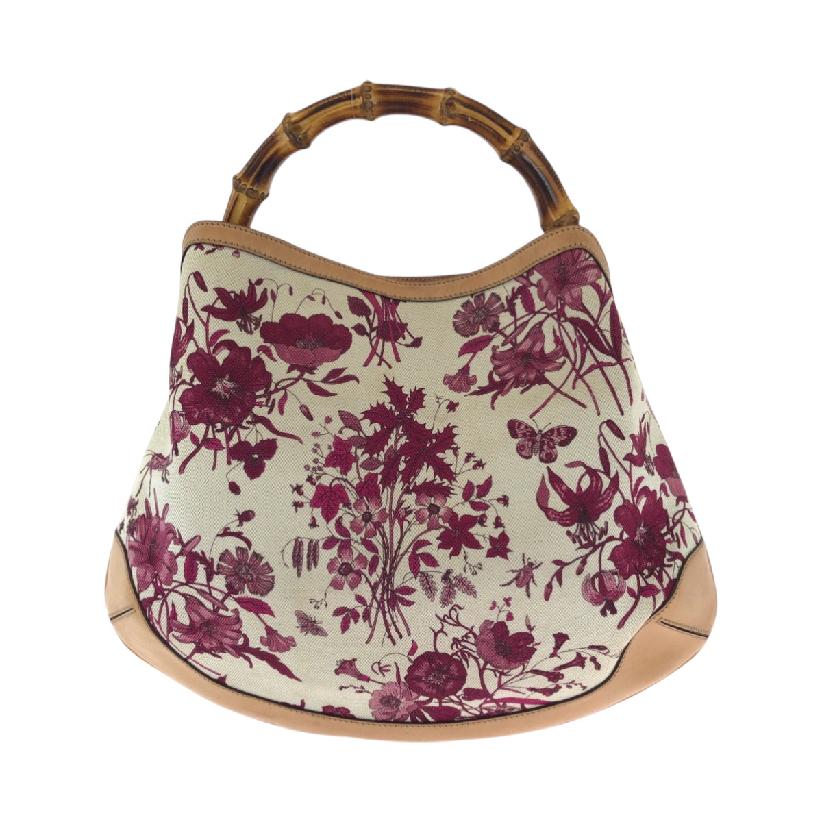 GUCCI Shoulder Bag 169961 canvas White Brown Pink Gold Metal Shoulder Bag Handbag 2way Bamboo flora Women Used Authentic