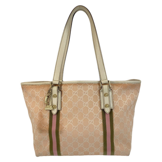 GUCCI Tote Bag 137396 GG canvas, leather Pink Ivory Gold Metal Tote Bag Shoulder Bag Sherry line Women Used Authentic