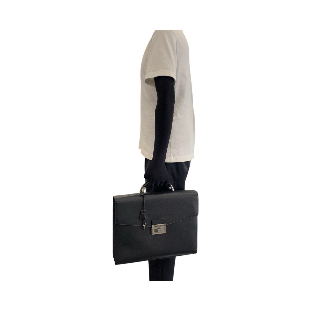PRADA Business bag leather Black SilverMetal Business bag briefcase Safiano mens Used Authentic