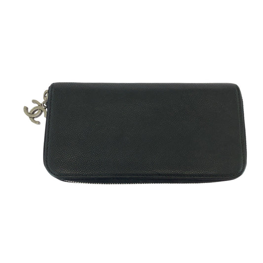 CHANEL Long Wallet Purse Caviar skin Black SilverMetal Long Wallet Purse Zip Around COCO Mark Women Used Authentic