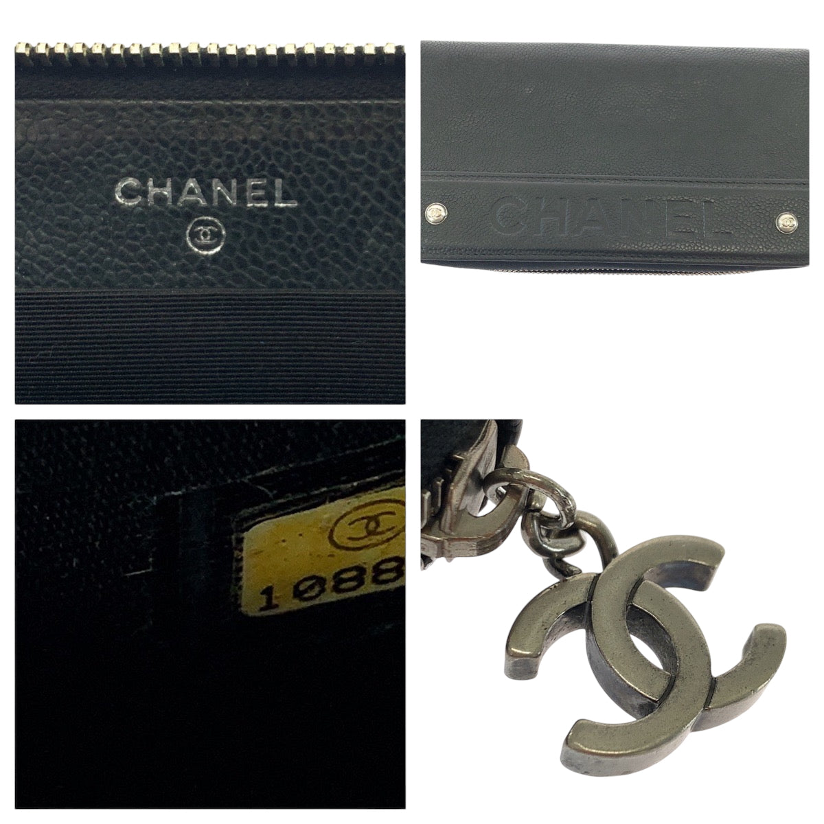CHANEL Long Wallet Purse Caviar skin Black SilverMetal Long Wallet Purse Zip Around COCO Mark Women Used Authentic