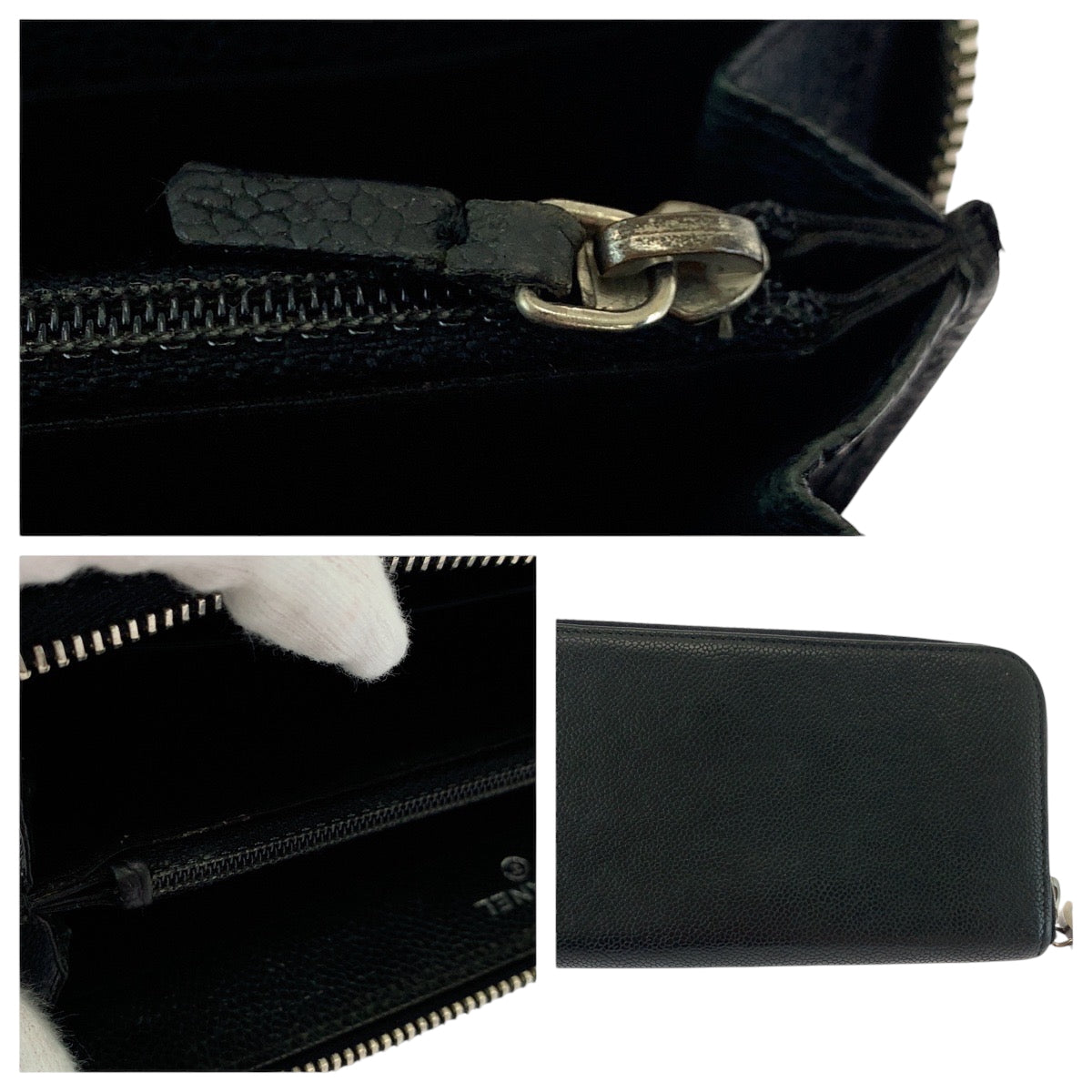 CHANEL Long Wallet Purse Caviar skin Black SilverMetal Long Wallet Purse Zip Around COCO Mark Women Used Authentic