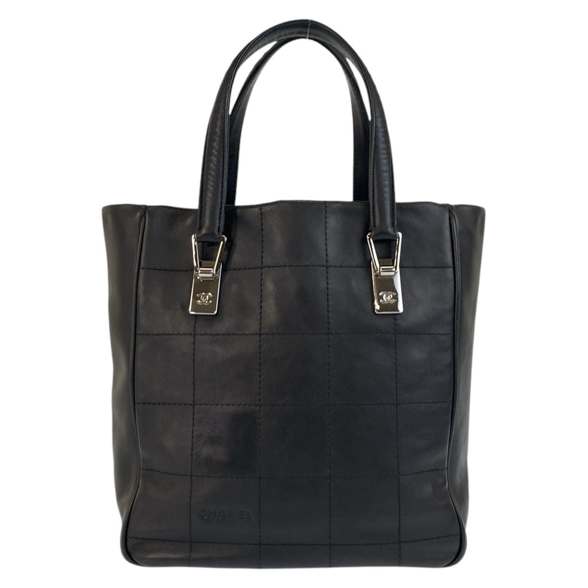 CHANEL Tote Bag leather Black SilverMetal Tote Bag handbag Chocolate bar Women Used Authentic