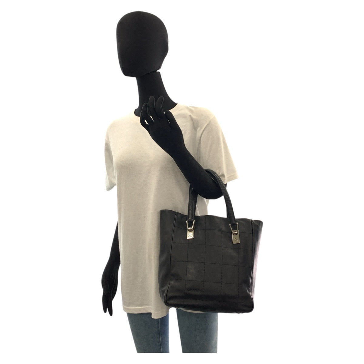 CHANEL Tote Bag leather Black SilverMetal Tote Bag handbag Chocolate bar Women Used Authentic