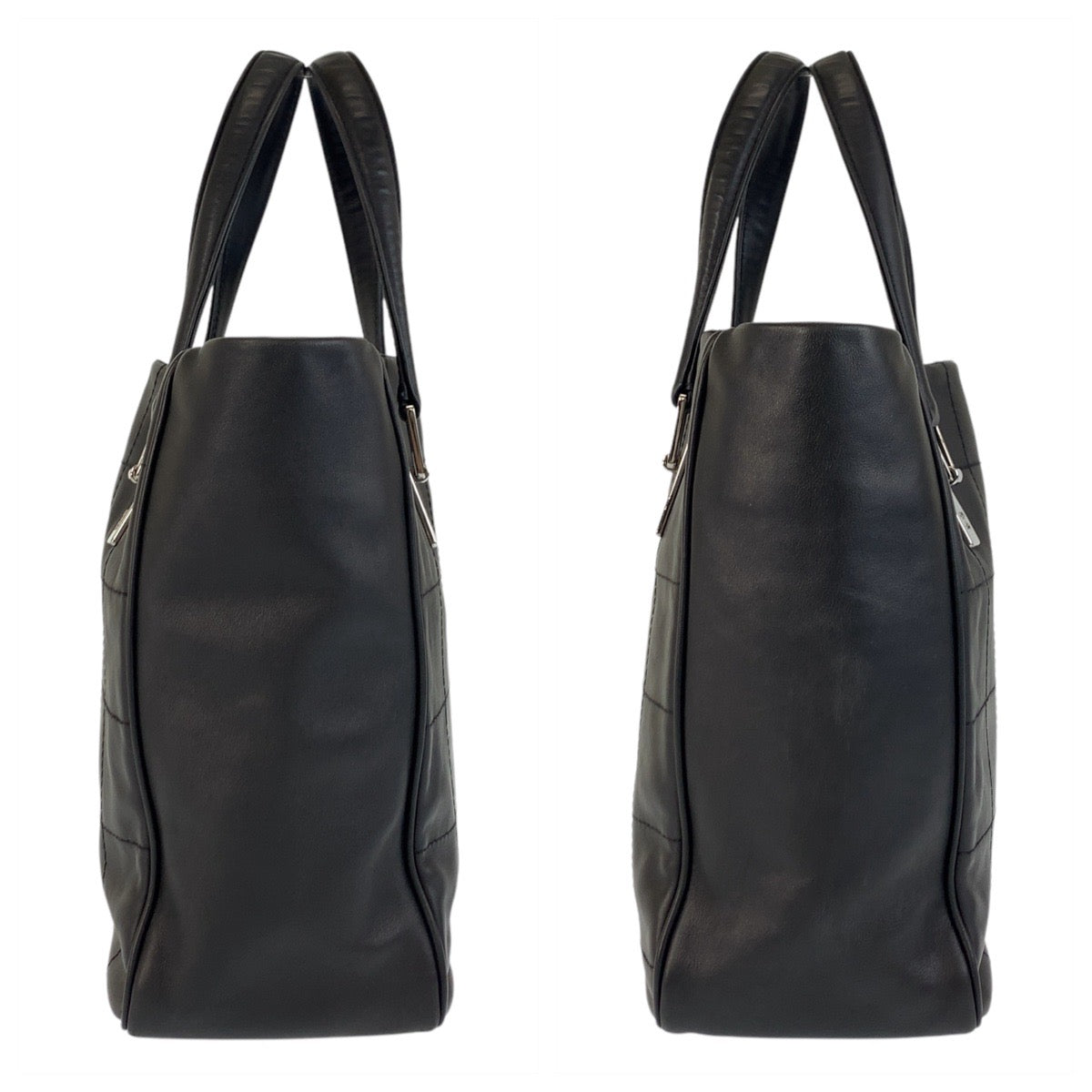 CHANEL Tote Bag leather Black SilverMetal Tote Bag handbag Chocolate bar Women Used Authentic