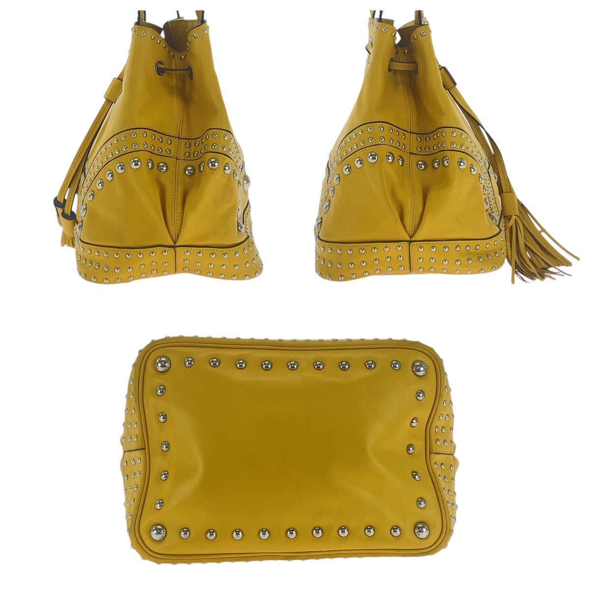 PRADA Shoulder Bag leather Yellow SilverMetal Shoulder Bag Drawstring Tassel Studs Triangle With logo Women Used Authentic