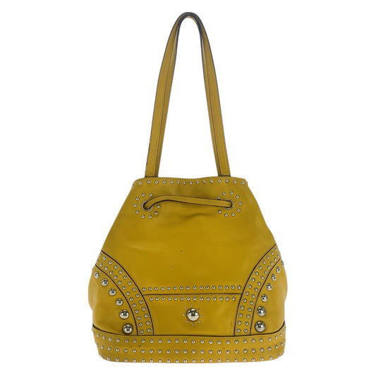 PRADA Shoulder Bag leather Yellow SilverMetal Shoulder Bag Drawstring Tassel Studs Triangle With logo Women Used Authentic