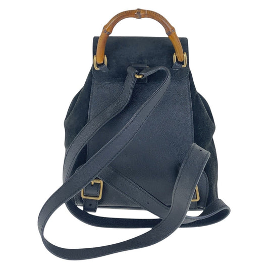 GUCCI Backpack 003 2852 0030 0 Suede Black GoldMetal Bamboo Women Used Authentic