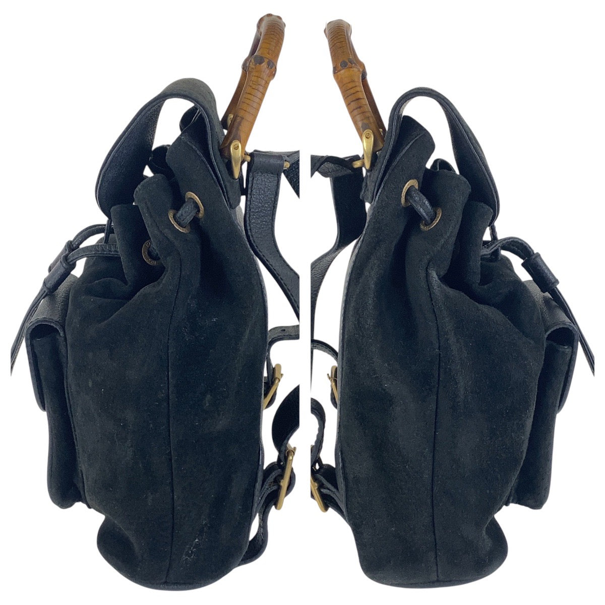 GUCCI Backpack 003 2852 0030 0 Suede Black GoldMetal Bamboo Women Used Authentic
