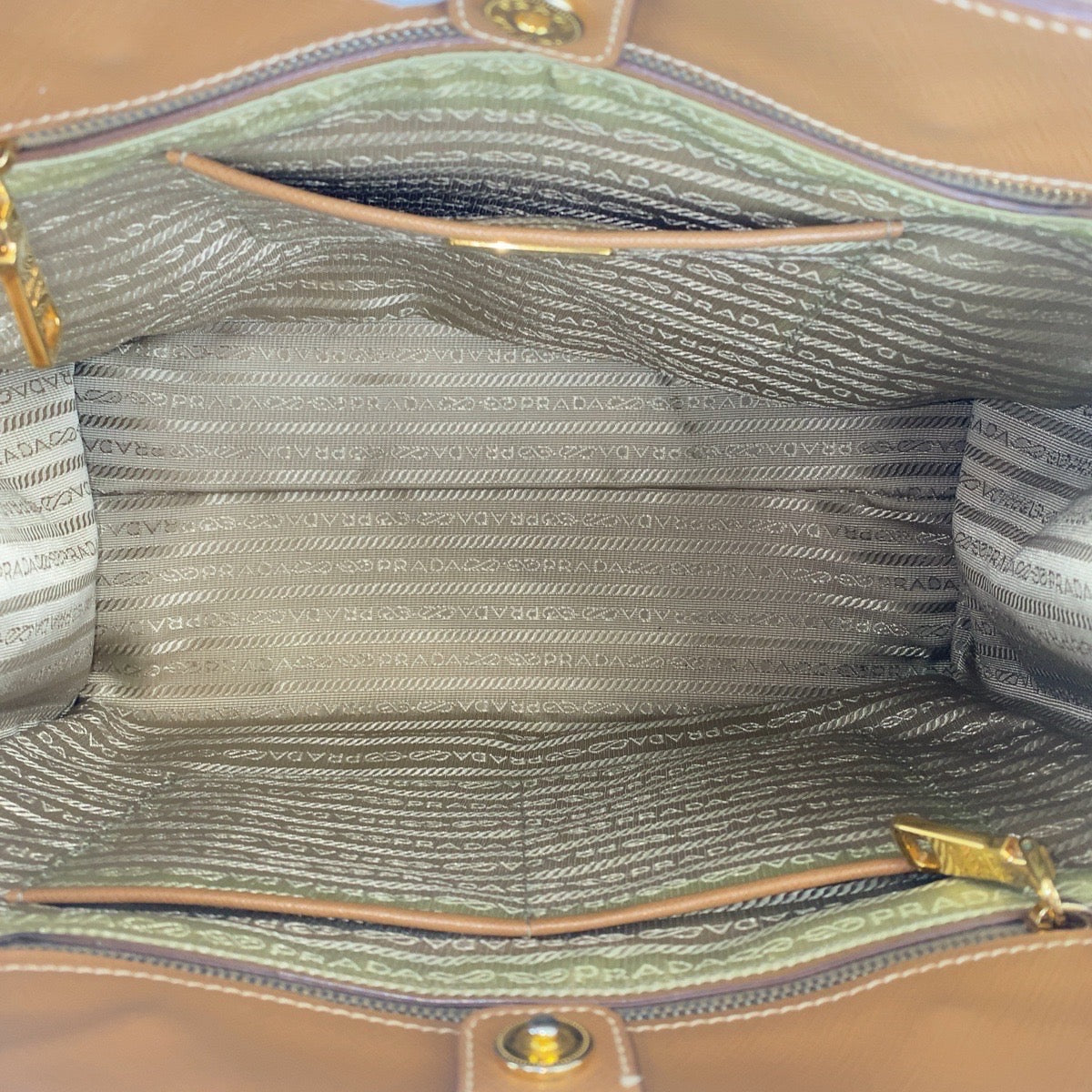 PRADA Tote Bag leather Brown Yellow Gold Metal Tote Bag Shoulder Bag 2WAY Safiano Triangle With logo Women Used Authentic