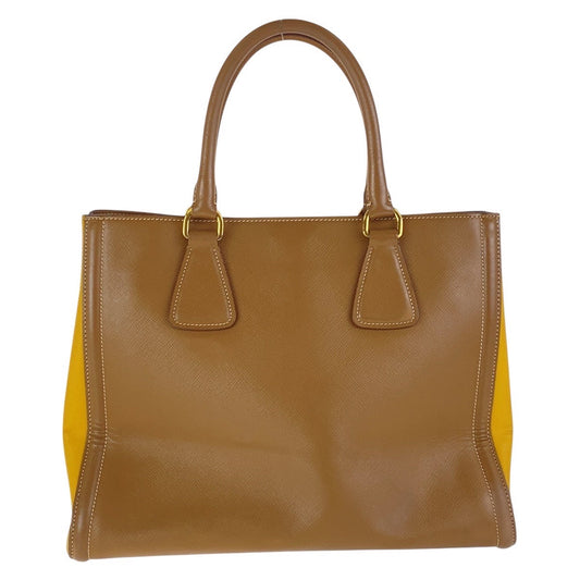 PRADA Tote Bag leather Brown Yellow Gold Metal Tote Bag Shoulder Bag 2WAY Safiano Triangle With logo Women Used Authentic