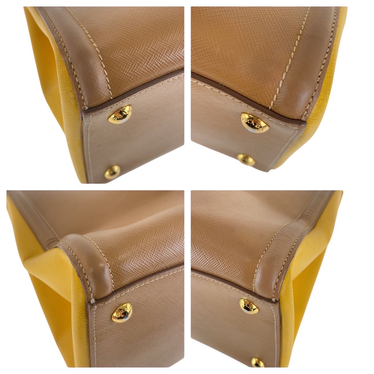 PRADA Tote Bag leather Brown Yellow Gold Metal Tote Bag Shoulder Bag 2WAY Safiano Triangle With logo Women Used Authentic