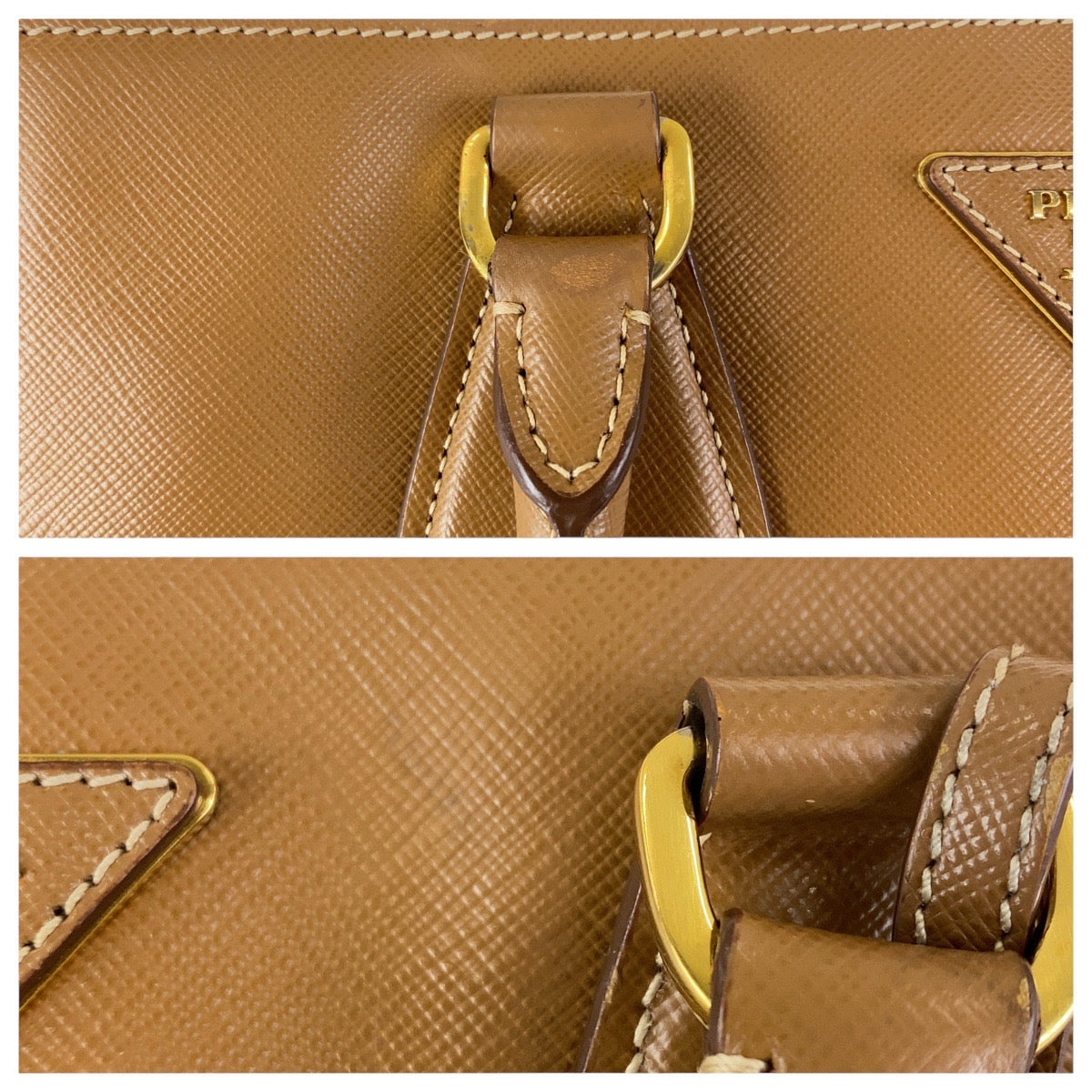 PRADA Tote Bag leather Brown Yellow Gold Metal Tote Bag Shoulder Bag 2WAY Safiano Triangle With logo Women Used Authentic