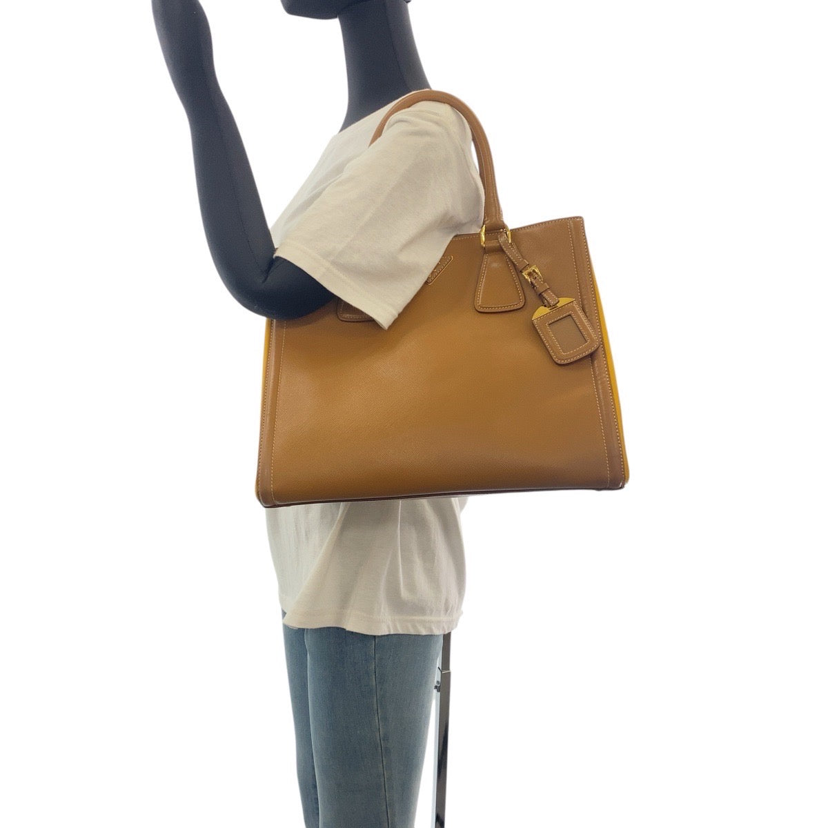 PRADA Tote Bag leather Brown Yellow Gold Metal Tote Bag Shoulder Bag 2WAY Safiano Triangle With logo Women Used Authentic