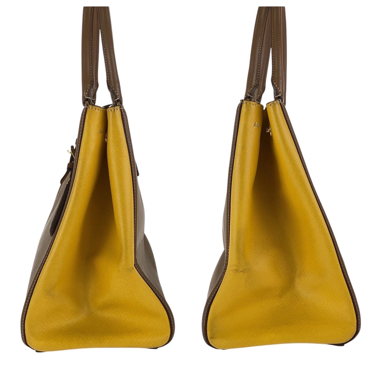 PRADA Tote Bag leather Brown Yellow Gold Metal Tote Bag Shoulder Bag 2WAY Safiano Triangle With logo Women Used Authentic