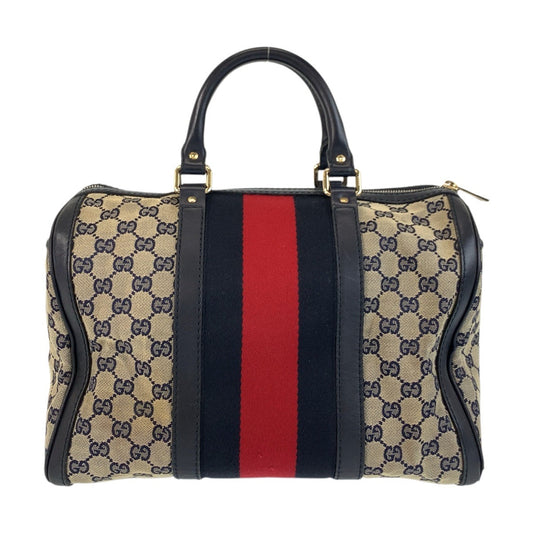 GUCCI Handbag 247205 GG canvas, leather Gray Navy Gold Metal Handbag Boston Duffel bag Shoulder Bag 2way Sherry line Women Used Authentic