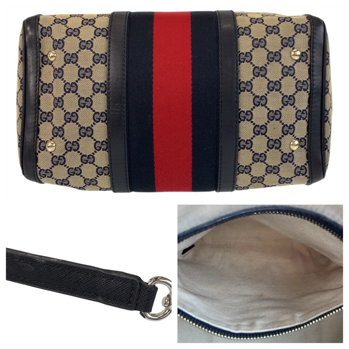 GUCCI Handbag 247205 GG canvas, leather Gray Navy Gold Metal Handbag Boston Duffel bag Shoulder Bag 2way Sherry line Women Used Authentic