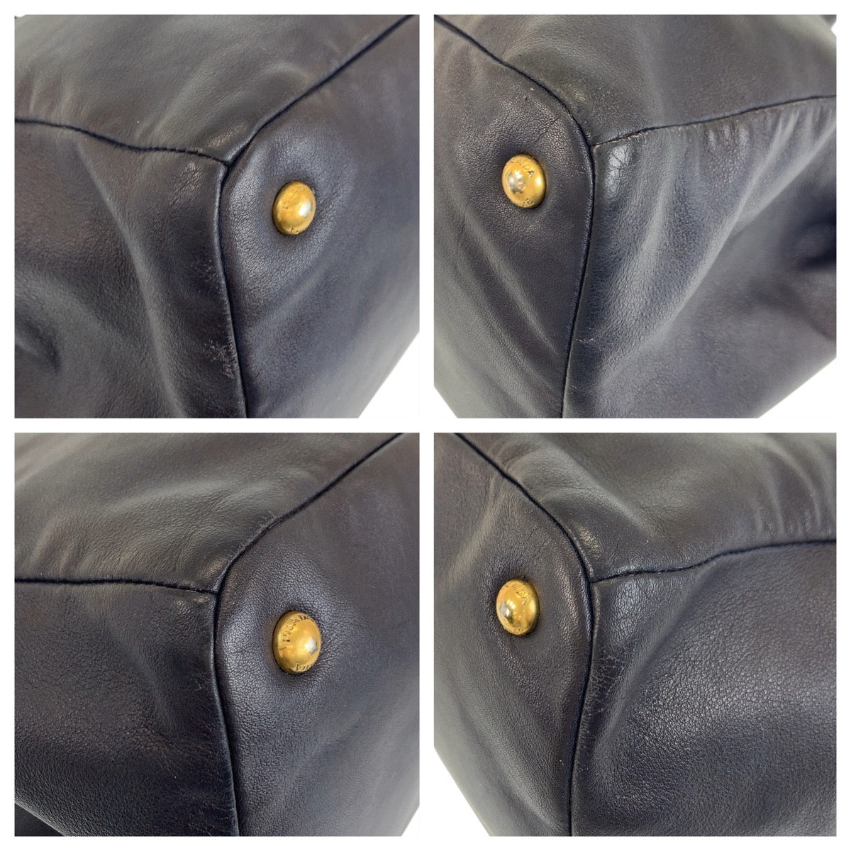 PRADA Tote Bag leather Navy Gold Metal Tote Bag Shoulder Bag Women Used Authentic