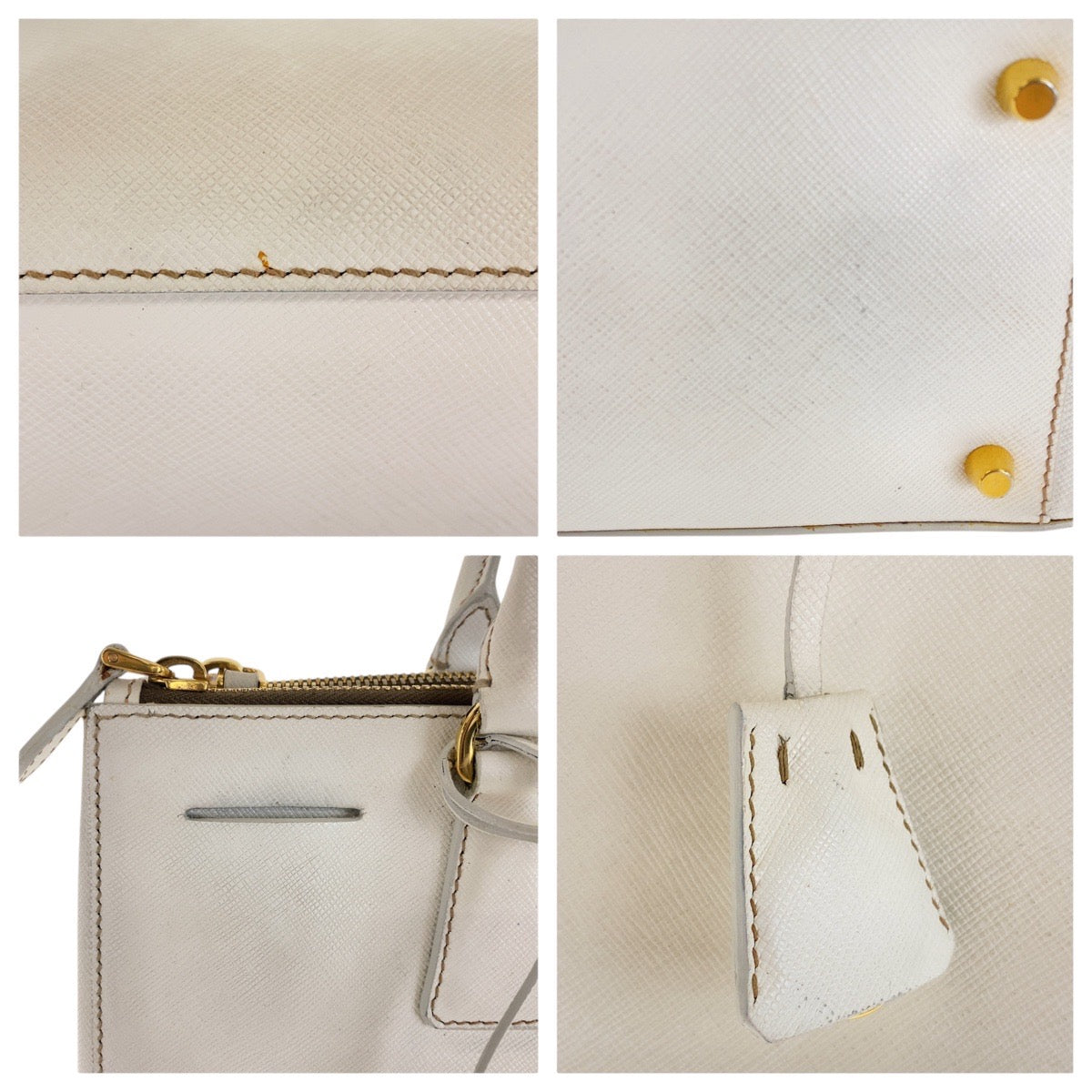 PRADA Tote Bag leather White GoldMetal Tote Bag handbag Safiano Galleria Women Used Authentic