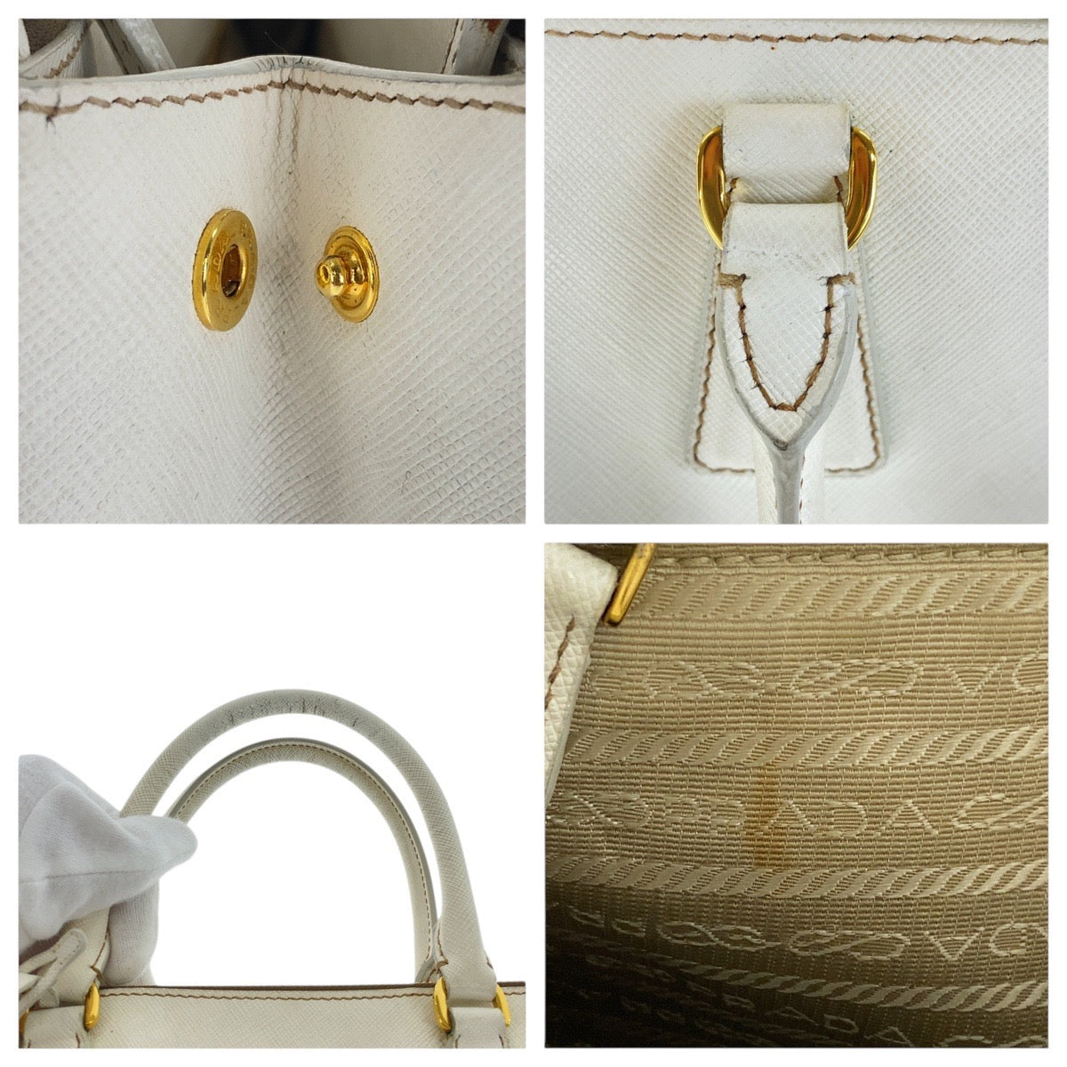 PRADA Tote Bag leather White GoldMetal Tote Bag handbag Safiano Galleria Women Used Authentic