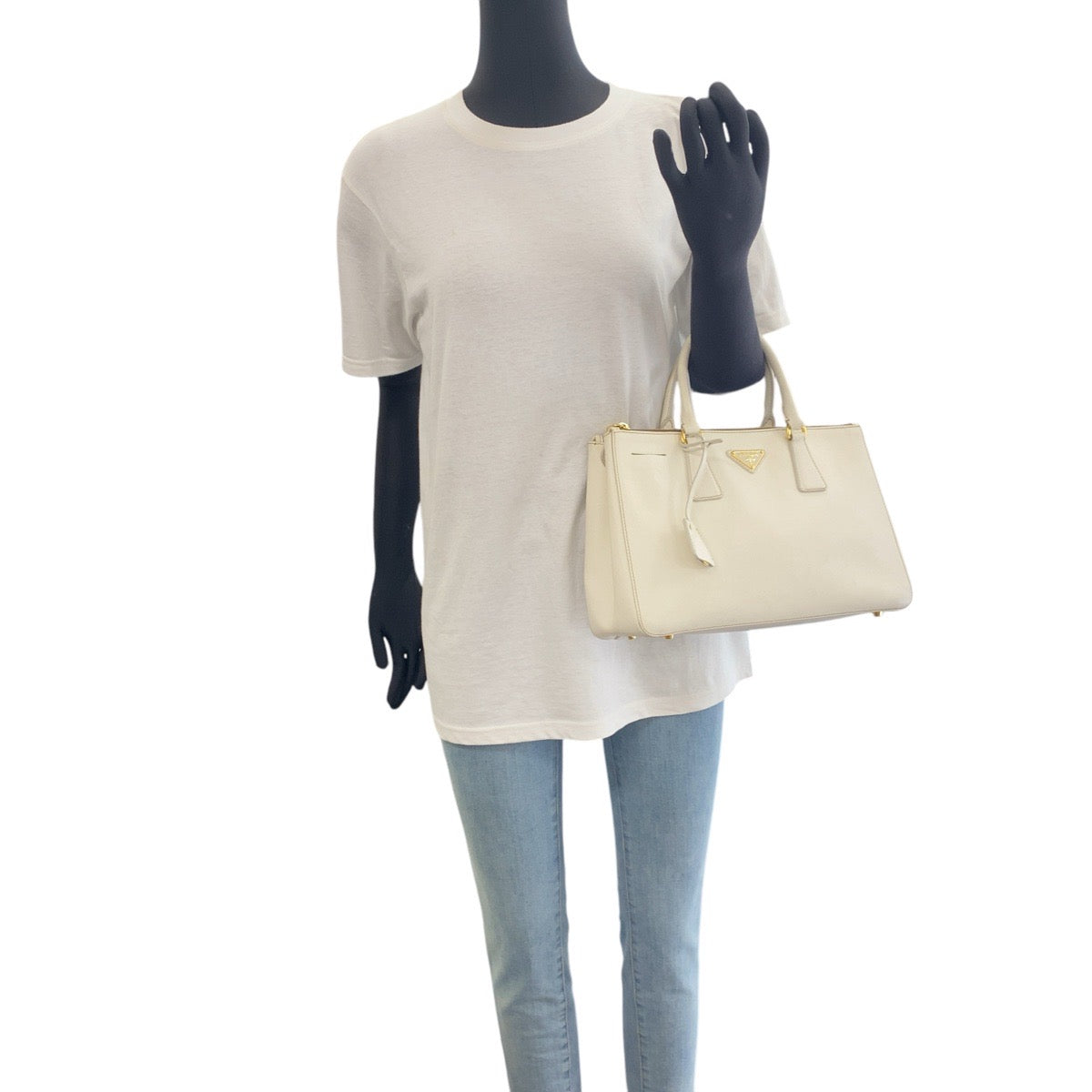 PRADA Tote Bag leather White GoldMetal Tote Bag handbag Safiano Galleria Women Used Authentic