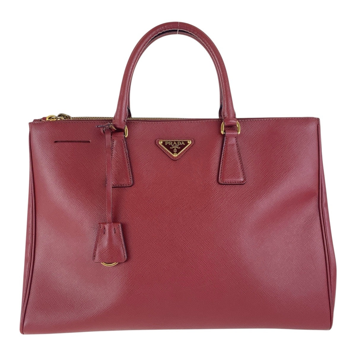 PRADA Tote Bag leather Red Gold Metal Tote Bag handbag Galleria Saffiano Triangle With logo Women Used Authentic