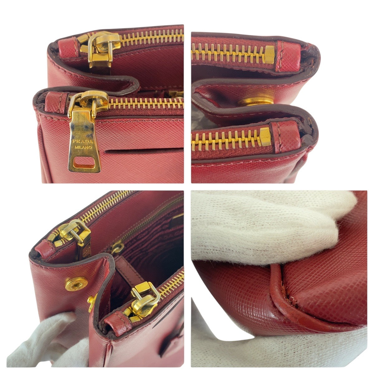 PRADA Tote Bag leather Red Gold Metal Tote Bag handbag Galleria Saffiano Triangle With logo Women Used Authentic