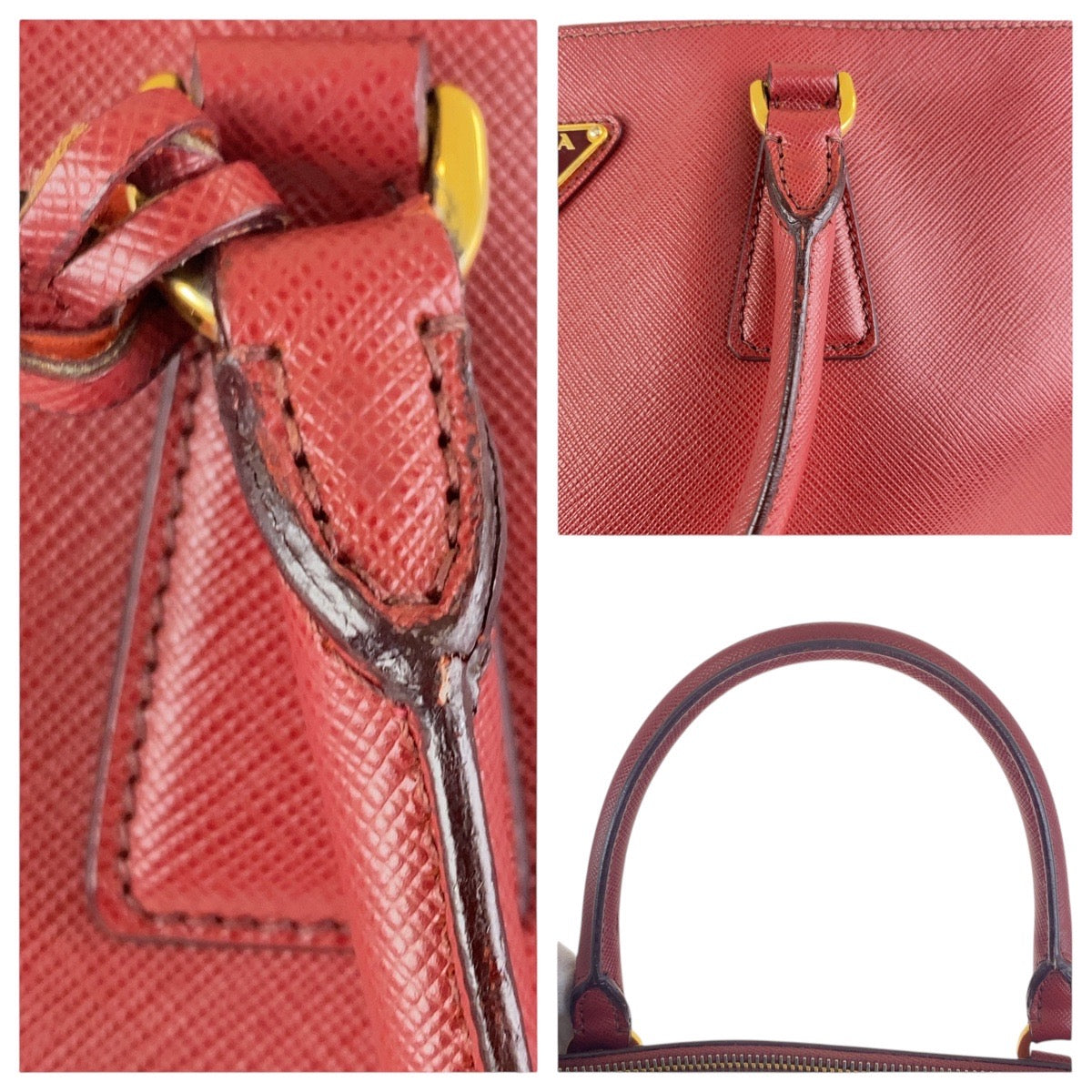 PRADA Tote Bag leather Red Gold Metal Tote Bag handbag Galleria Saffiano Triangle With logo Women Used Authentic