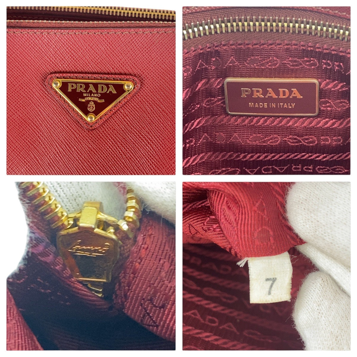 PRADA Tote Bag leather Red Gold Metal Tote Bag handbag Galleria Saffiano Triangle With logo Women Used Authentic