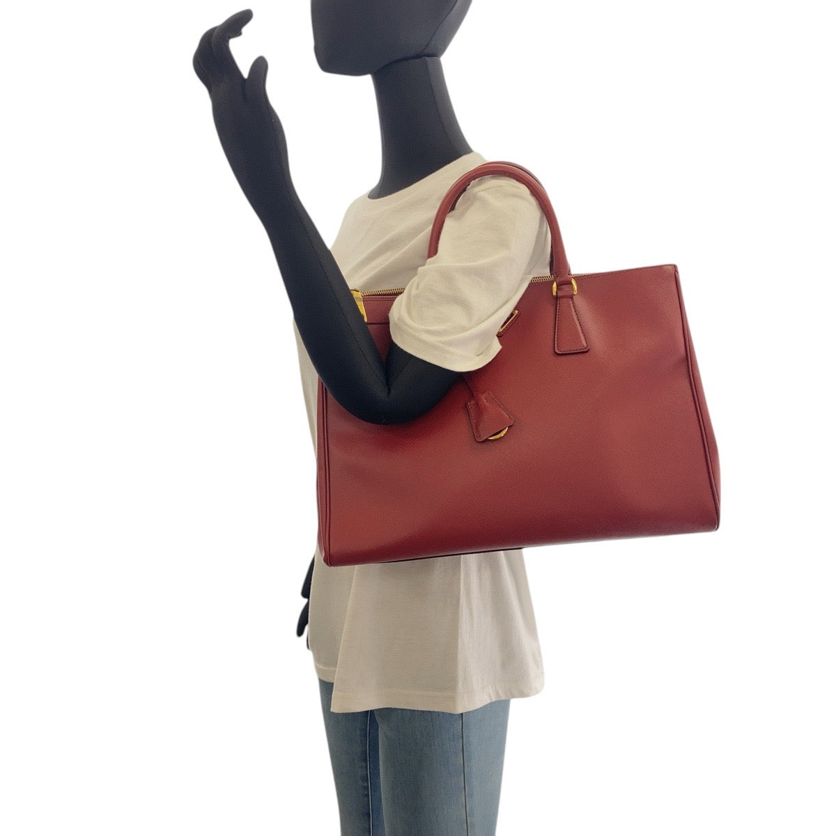 PRADA Tote Bag leather Red Gold Metal Tote Bag handbag Galleria Saffiano Triangle With logo Women Used Authentic