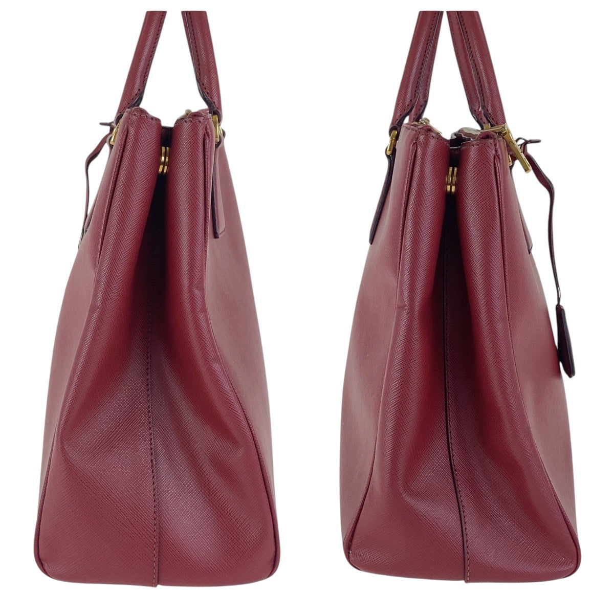 PRADA Tote Bag leather Red Gold Metal Tote Bag handbag Galleria Saffiano Triangle With logo Women Used Authentic