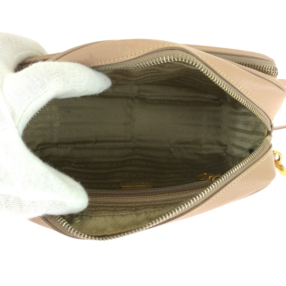 PRADA Shoulder Bag BT1010 leather Pink Beige Gold Metal Shoulder Bag pochette Safiano Triangle With logo Women Used Authentic