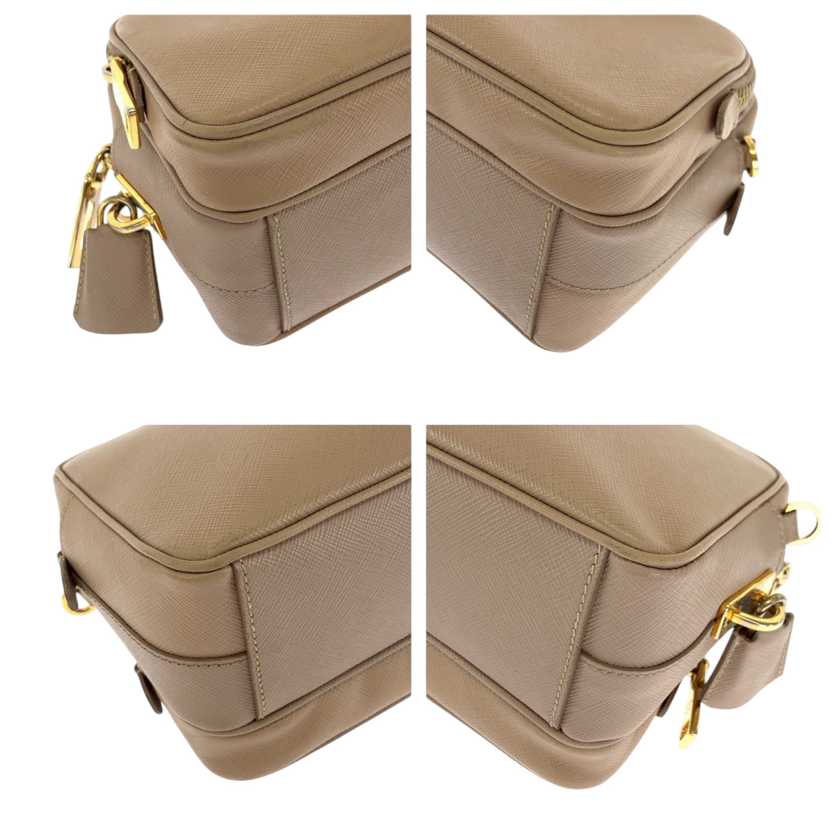 PRADA Shoulder Bag BT1010 leather Pink Beige Gold Metal Shoulder Bag pochette Safiano Triangle With logo Women Used Authentic