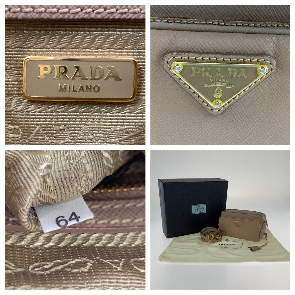PRADA Shoulder Bag BT1010 leather Pink Beige Gold Metal Shoulder Bag pochette Safiano Triangle With logo Women Used Authentic