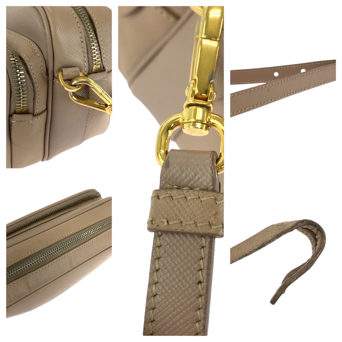 PRADA Shoulder Bag BT1010 leather Pink Beige Gold Metal Shoulder Bag pochette Safiano Triangle With logo Women Used Authentic