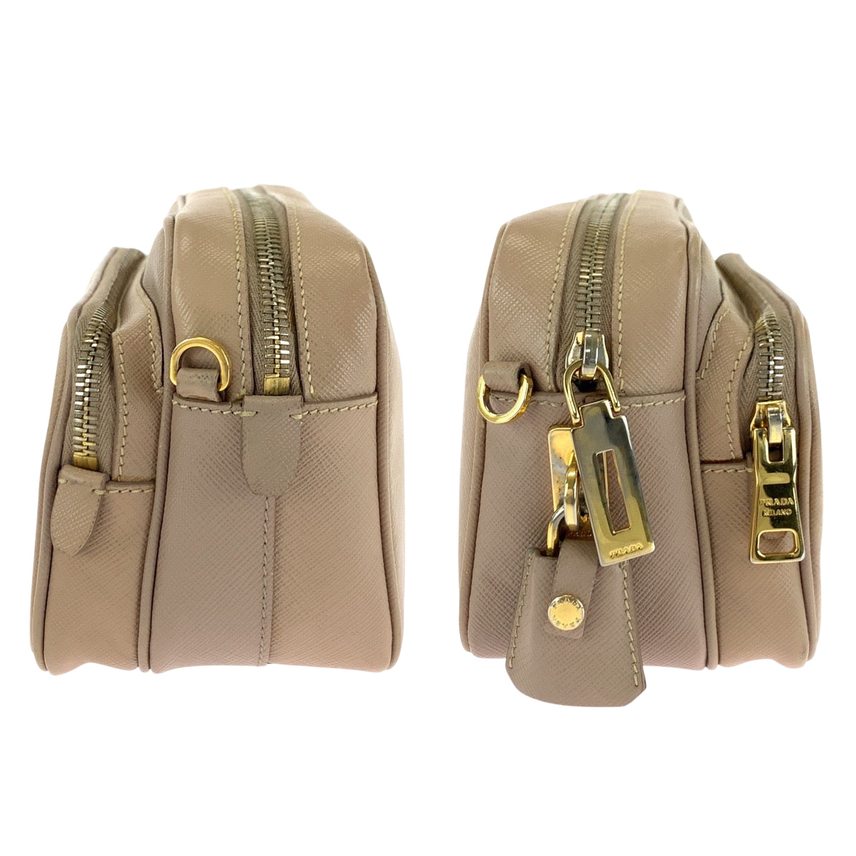 PRADA Shoulder Bag BT1010 leather Pink Beige Gold Metal Shoulder Bag pochette Safiano Triangle With logo Women Used Authentic