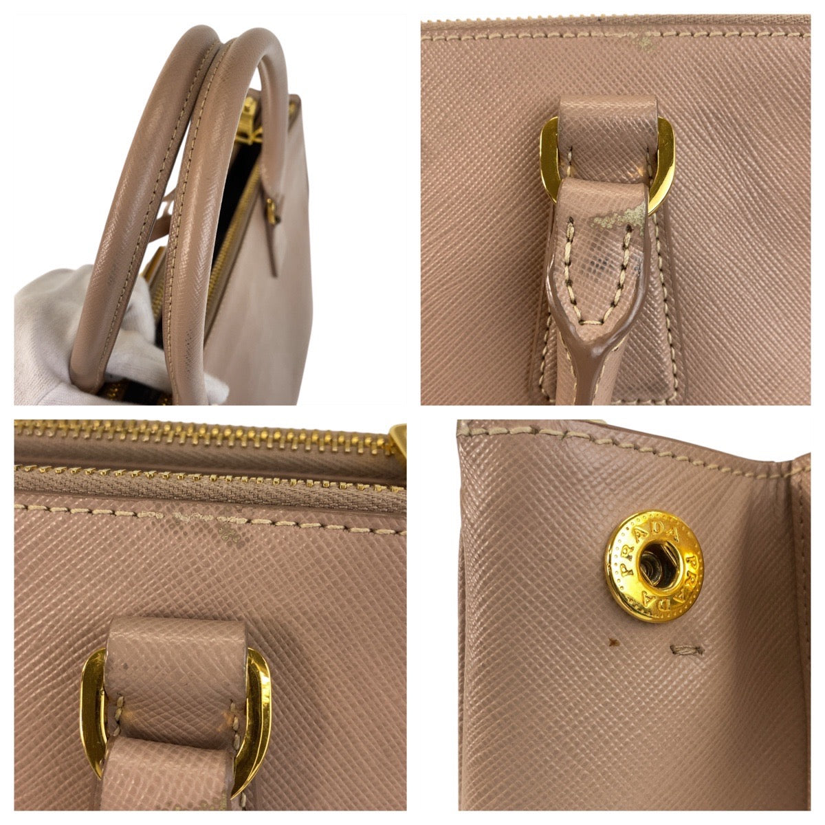 PRADA Handbag leather Beige Pink Beige Gold Metal Handbag Tote Bag Shoulder Bag 2way Safiano Galleria TriangleWith logo Women Used Authentic