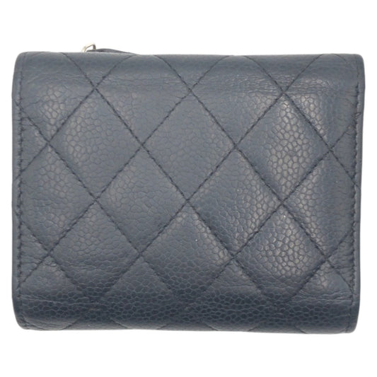 CHANEL Tri-fold wallet Caviar skin Black black Tri-fold Wallet Folded Wallet Compact Wallet Matrasse COCO Mark Women Used Authentic