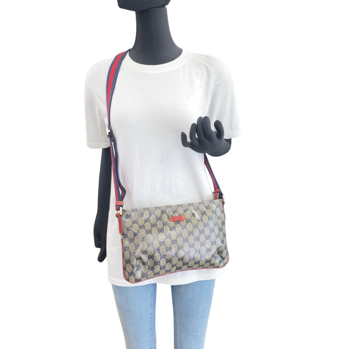 GUCCI Shoulder Bag 189749 Coated canvas Navy Red Gold Metal Crossbody Shoulder Bag Sherry line GG crystal Women(Unisex) Used Authentic