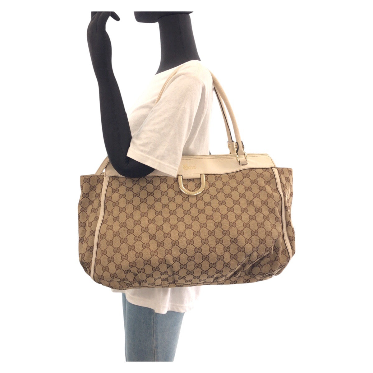 GUCCI Tote Bag 190248 GG canvas, leather Beige Ivory Gold Metal Tote Bag Shoulder Bag Abbey Women Used Authentic